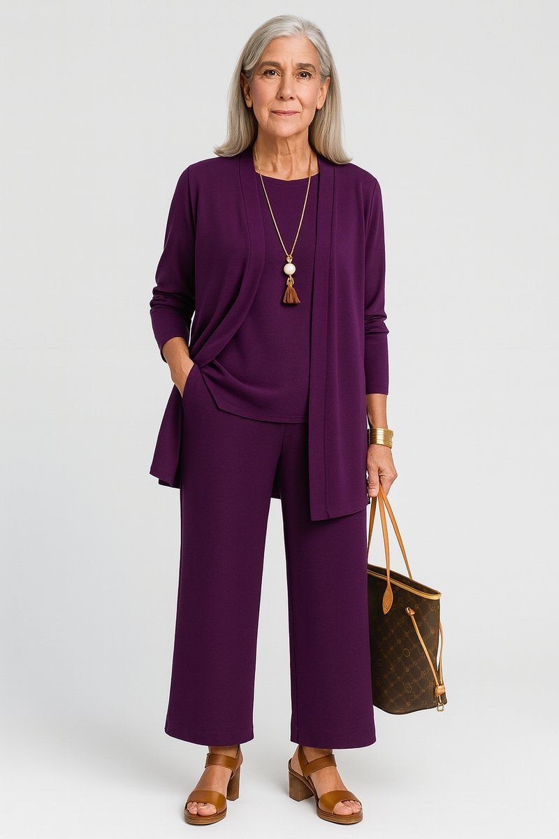 Women's Longline Open-Front Cardigan Wide-Leg Pants 3-Piece Set - Lila