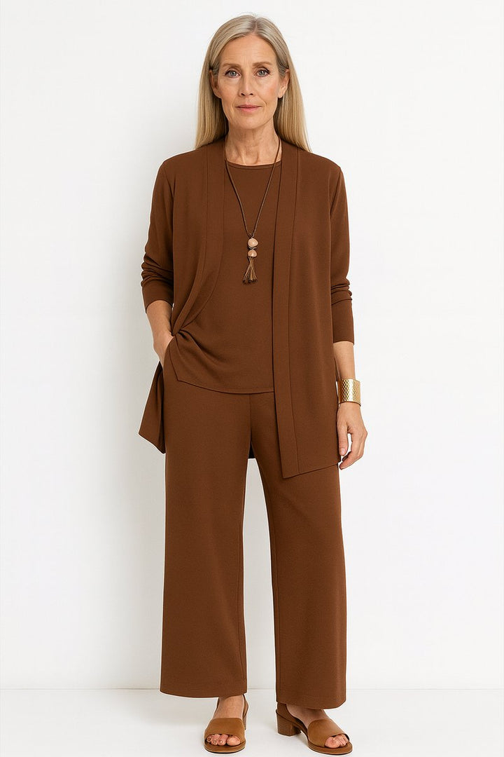 Women's Longline Open-Front Cardigan Wide-Leg Pants 3-Piece Set - Braun