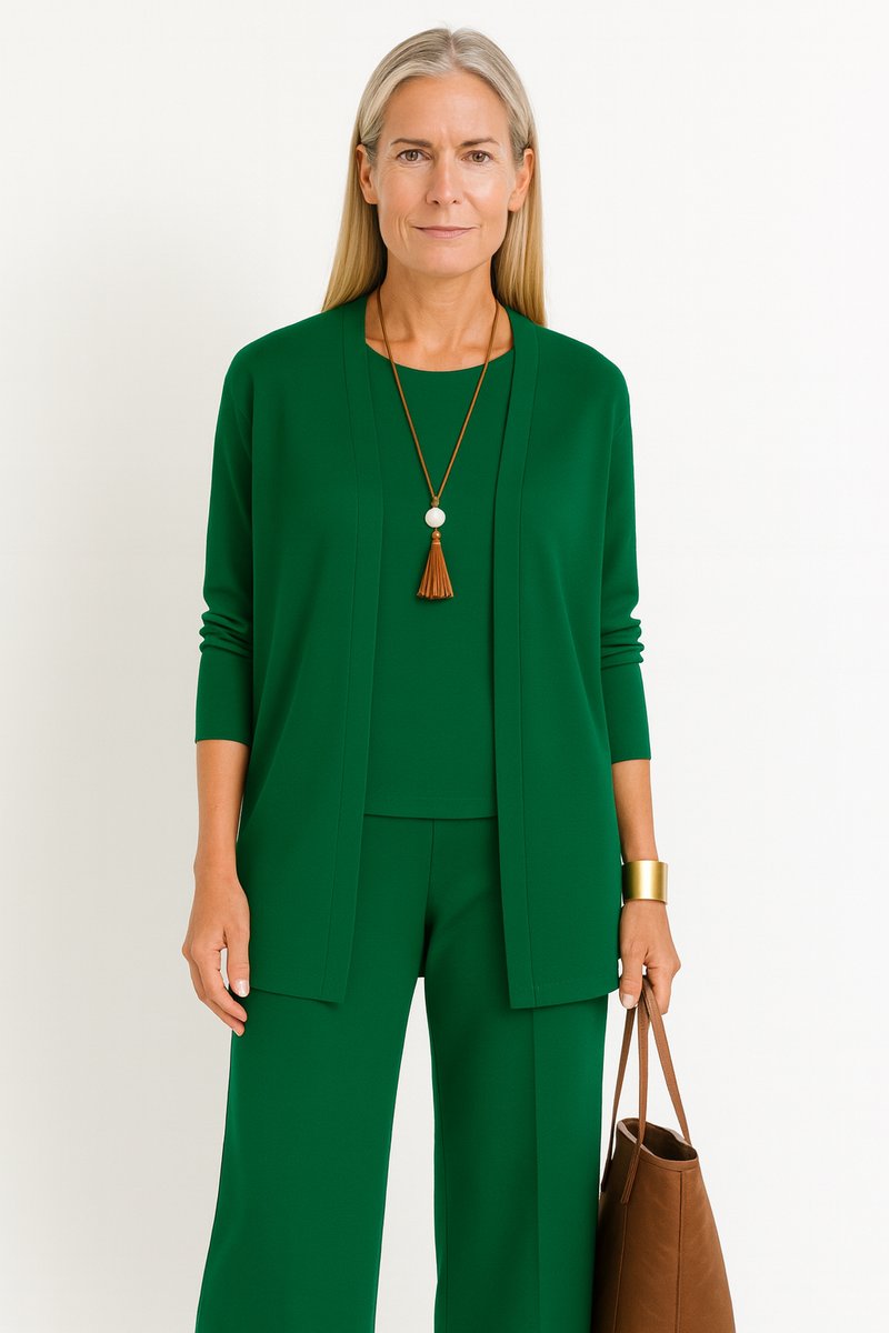 Women's Longline Open-Front Cardigan Wide-Leg Pants 3-Piece Set - Grün