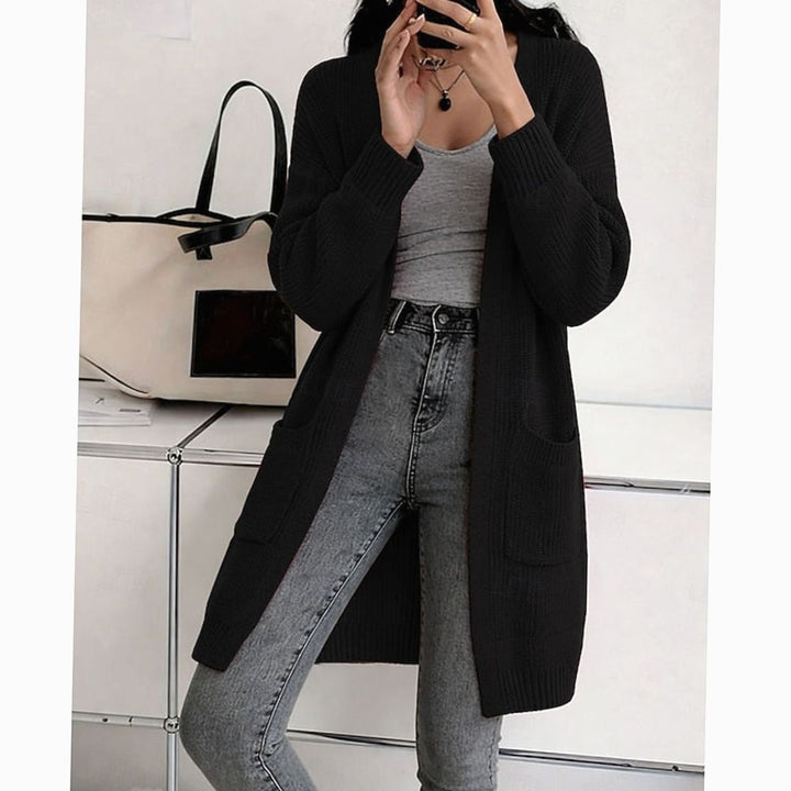 Women's Longline Open-Front Ribbed Knit Cardigan Pockets - Black