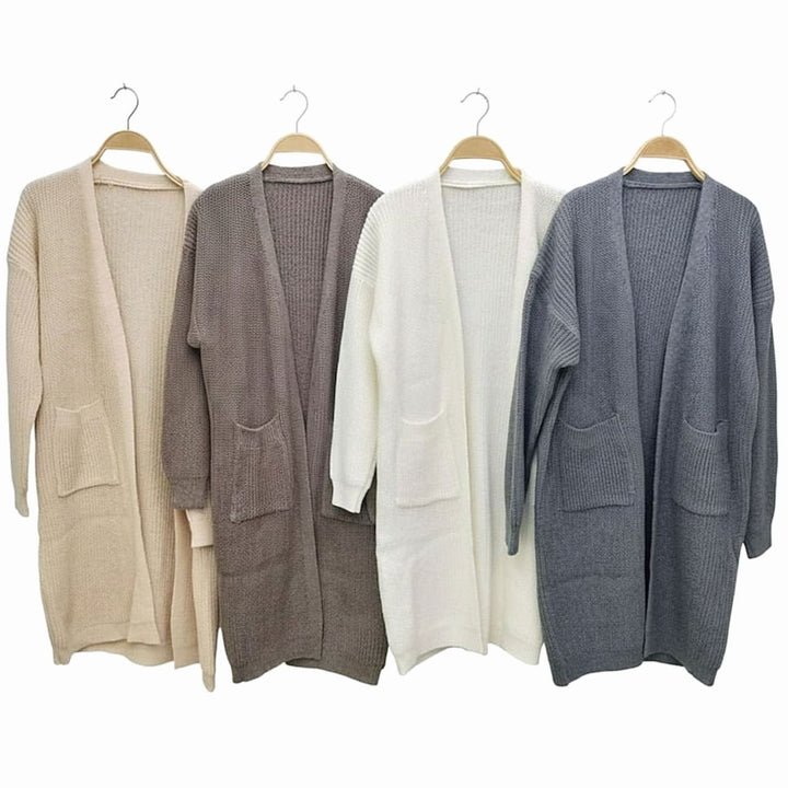 Women's Longline Open-Front Ribbed Knit Cardigan Pockets