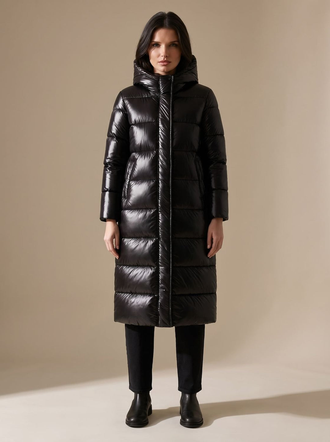 Women's Longline Quilted Hooded Puffer Jacket - Black