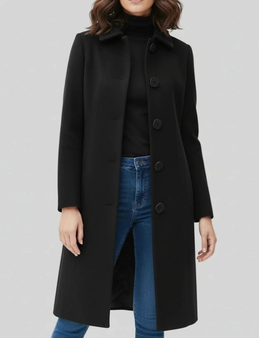 Women's Longline Single-Breasted Button-Front Winter Coat - Black
