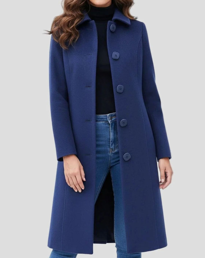 Women's Longline Single-Breasted Button-Front Winter Coat - Dark Blue