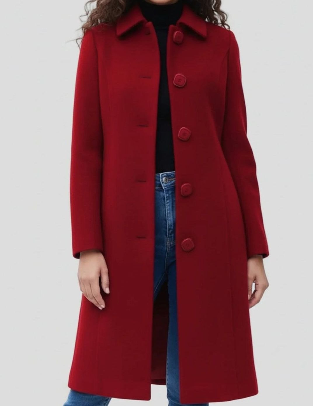 Women's Longline Single-Breasted Button-Front Winter Coat - Dark Red