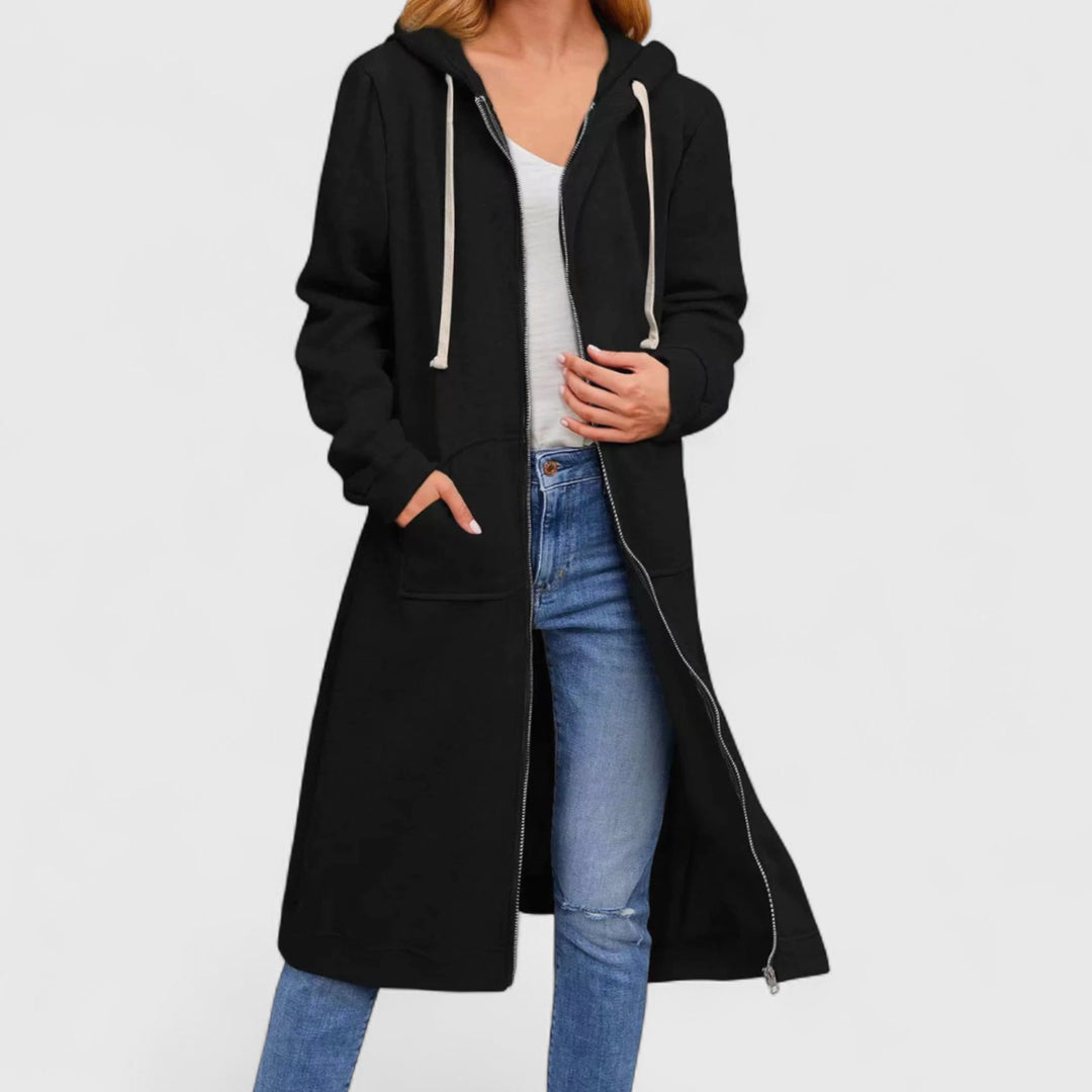 Women's Longline Zip-Up Hooded Fleece Cardigan - Black