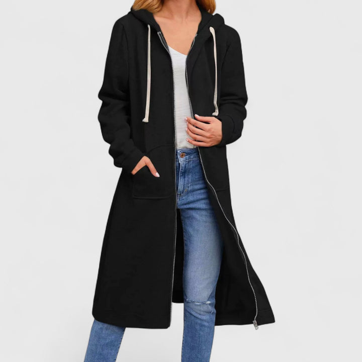 Women's Longline Zip-Up Hooded Fleece Cardigan - Black
