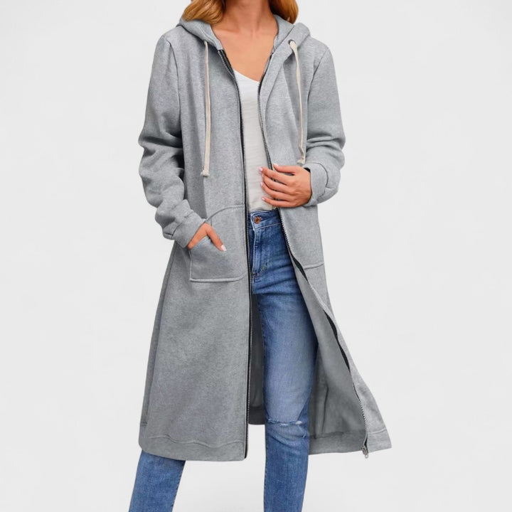 Women's Longline Zip-Up Hooded Fleece Cardigan - Gray