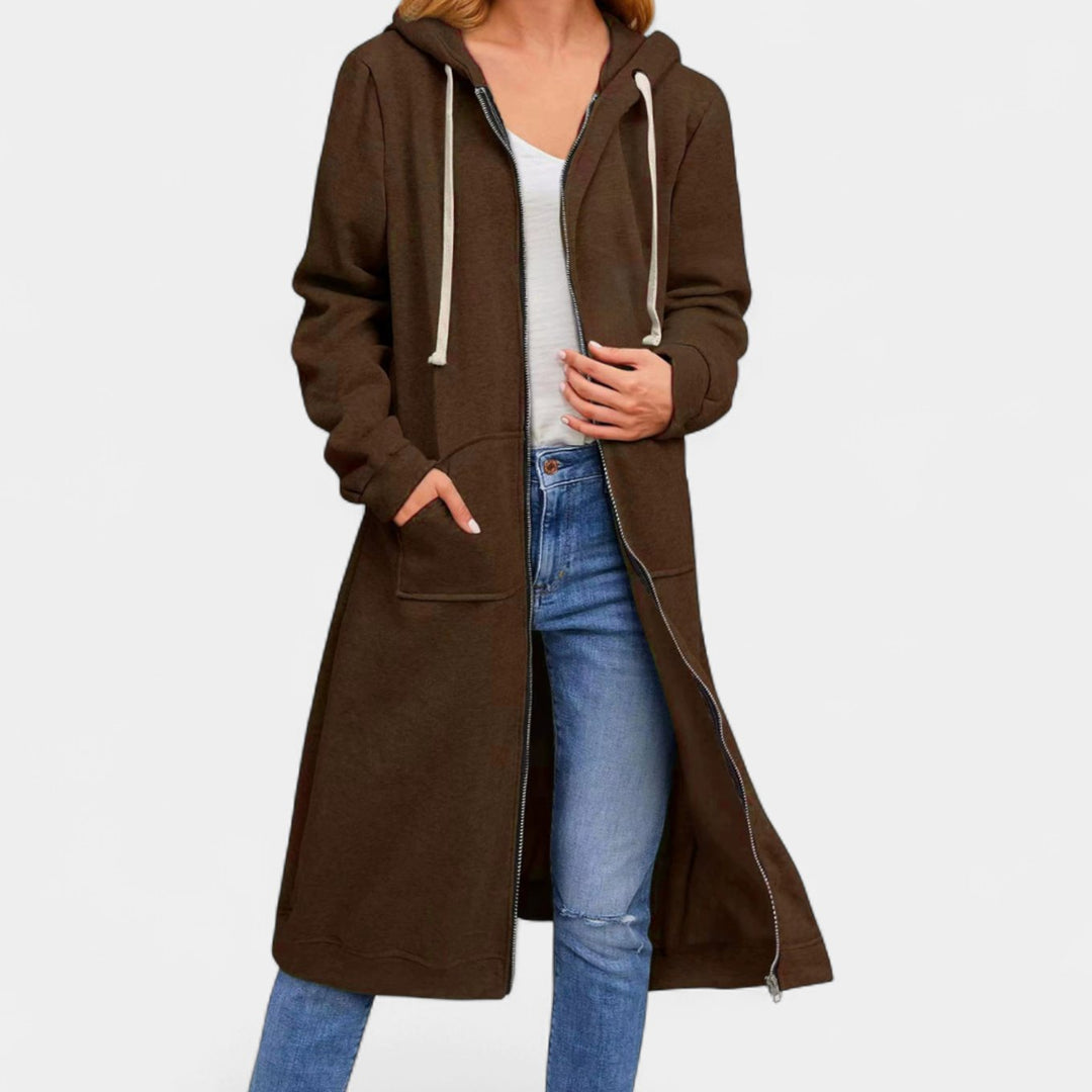 Women's Longline Zip-Up Hooded Fleece Cardigan - Brown