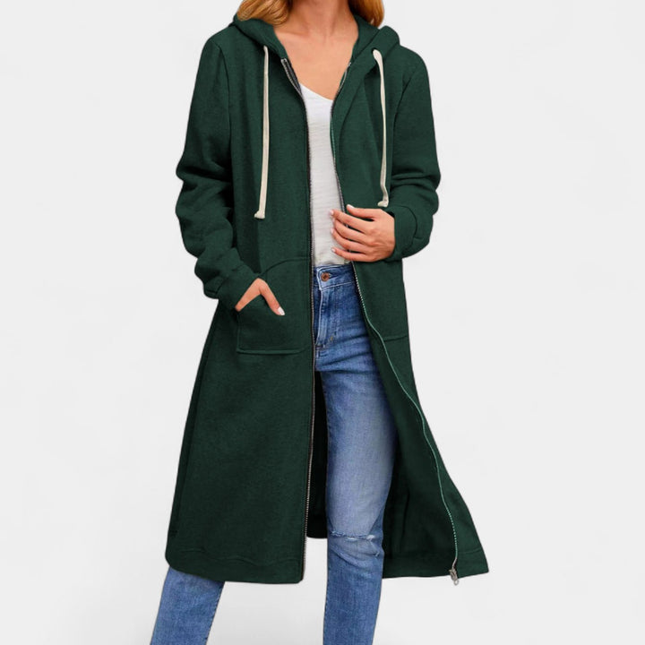 Women's Longline Zip-Up Hooded Fleece Cardigan - Dark Green