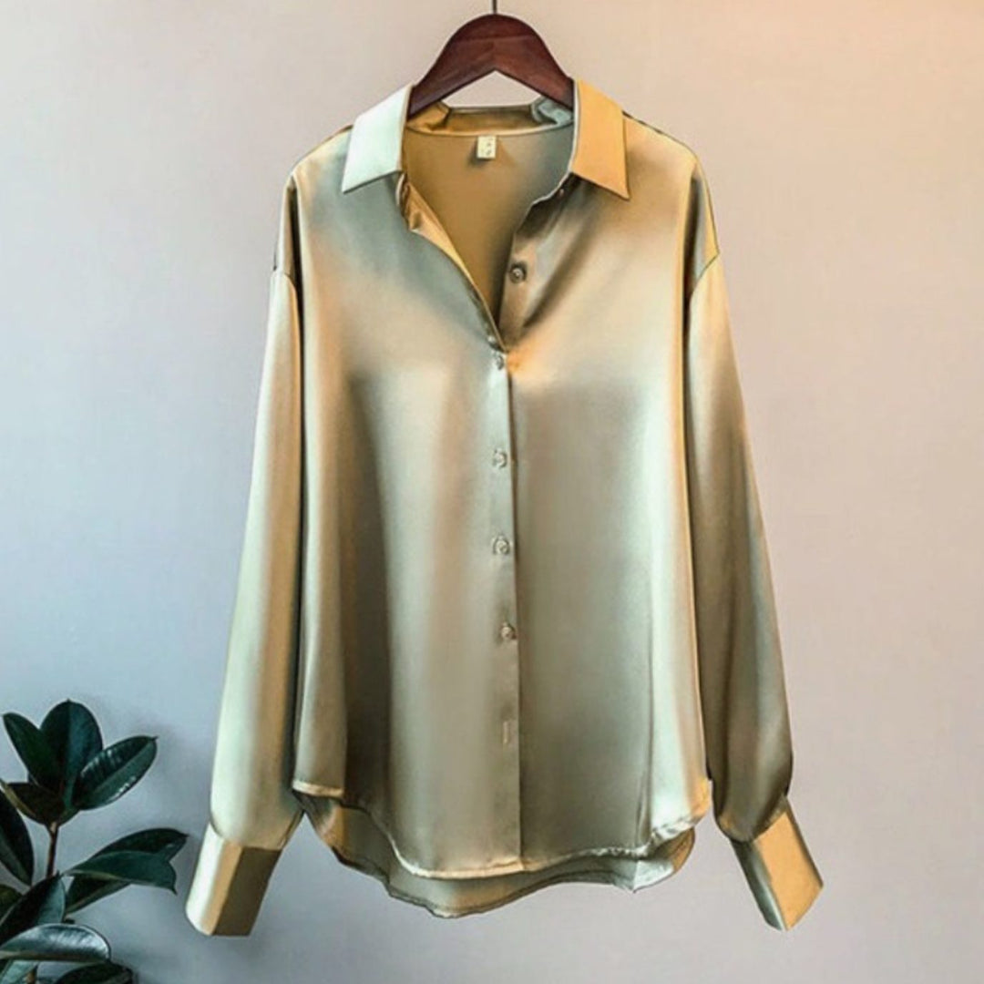 Women's Loose-Fit Button-Down Satin Blouses Long Sleeve - Olive Green