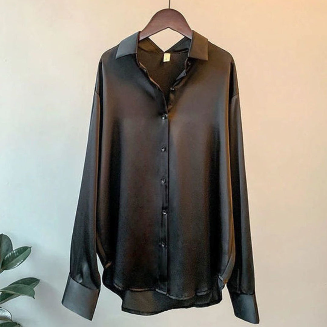 Women's Loose-Fit Button-Down Satin Blouses Long Sleeve - Black