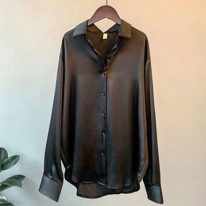 Women's Loose-Fit Button-Down Satin Blouses Long Sleeve - Black