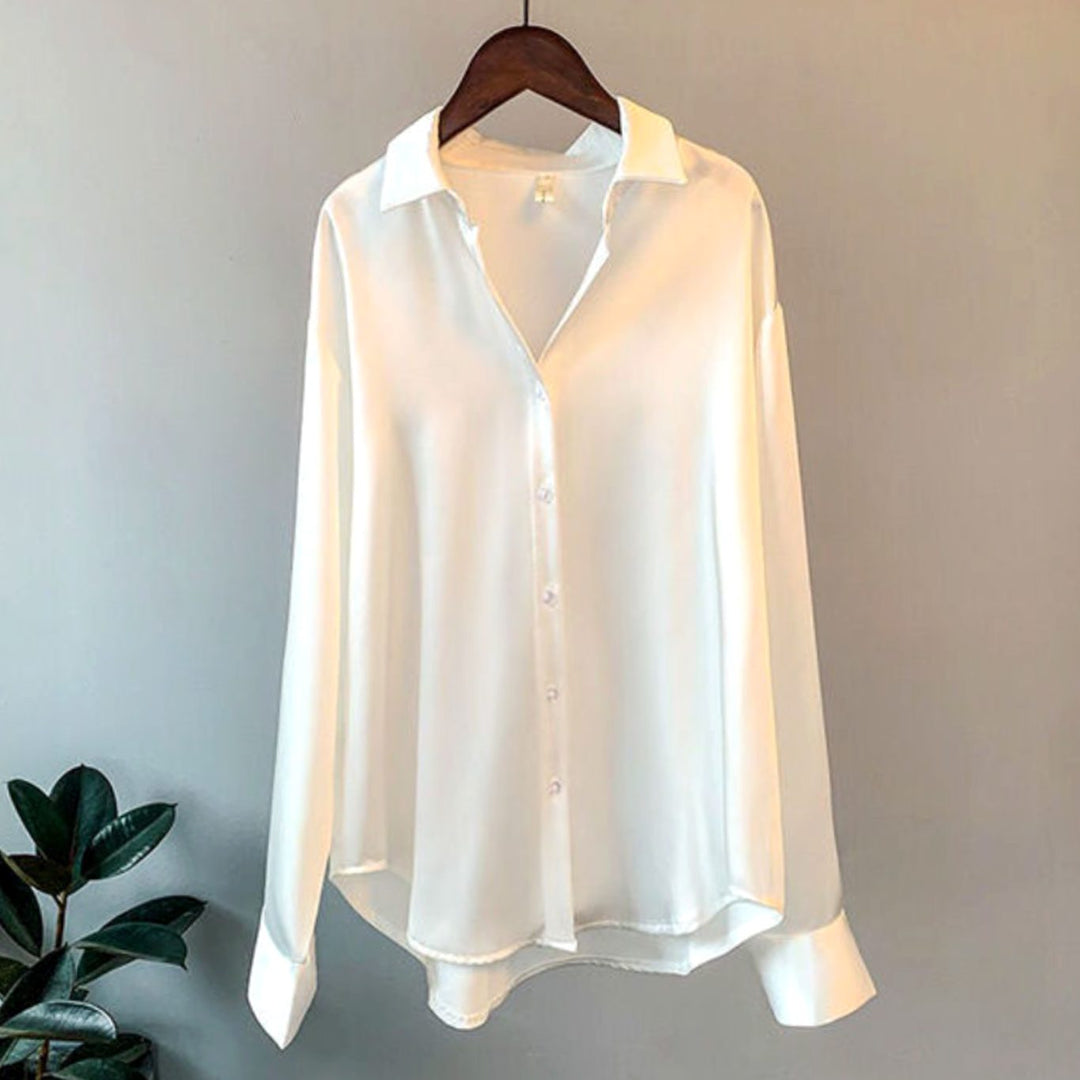 Women's Loose-Fit Button-Down Satin Blouses Long Sleeve - White
