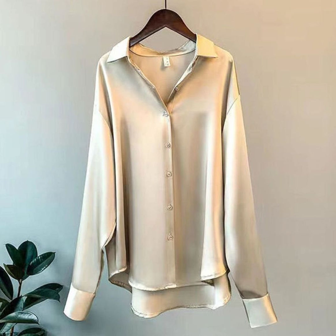 Women's Loose-Fit Button-Down Satin Blouses Long Sleeve - Beige
