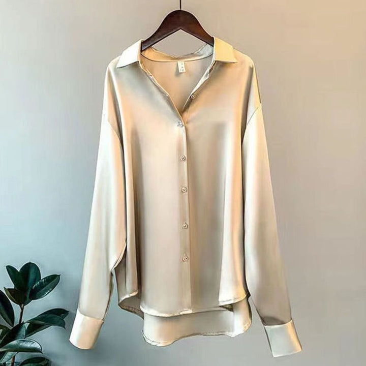 Women's Loose-Fit Button-Down Satin Blouses Long Sleeve - Beige