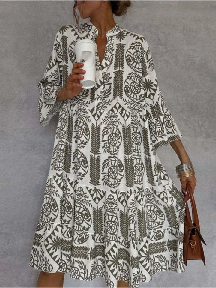 Women's Loose-Fit Floral Print Tunic Mini Dress - Khaki