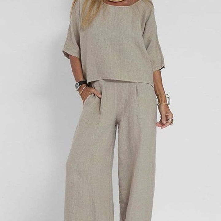 Women's Loose-Fit Linen-Look Short-Sleeve Matching Outfit Set - Light Gray