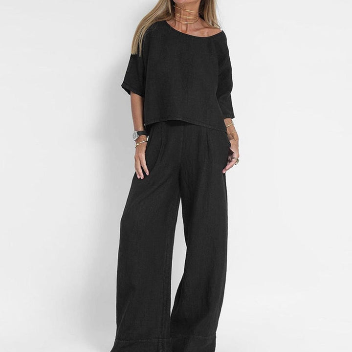 Women's Loose-Fit Linen-Look Short-Sleeve Matching Outfit Set - Black