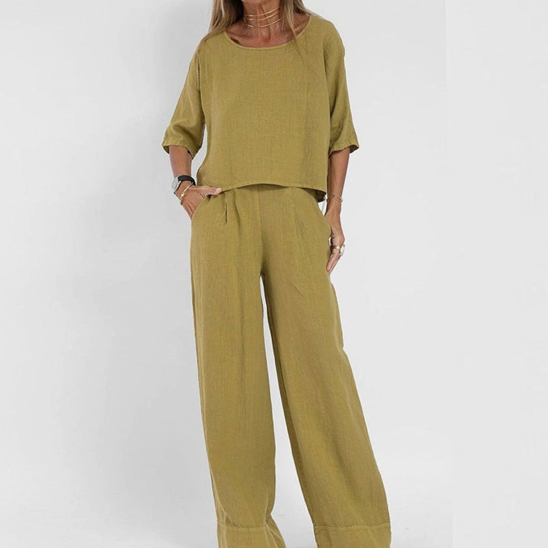 Women's Loose-Fit Linen-Look Short-Sleeve Matching Outfit Set - Yellow