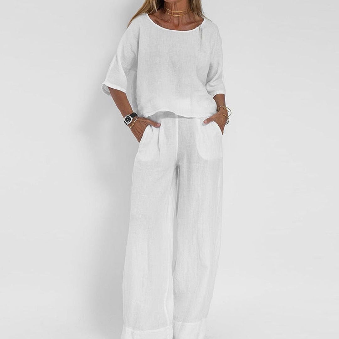 Women's Loose-Fit Linen-Look Short-Sleeve Matching Outfit Set - White