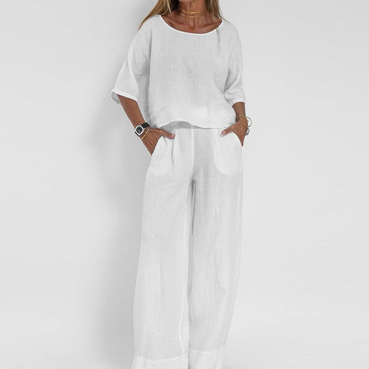 Women's Loose-Fit Linen-Look Short-Sleeve Matching Outfit Set - White