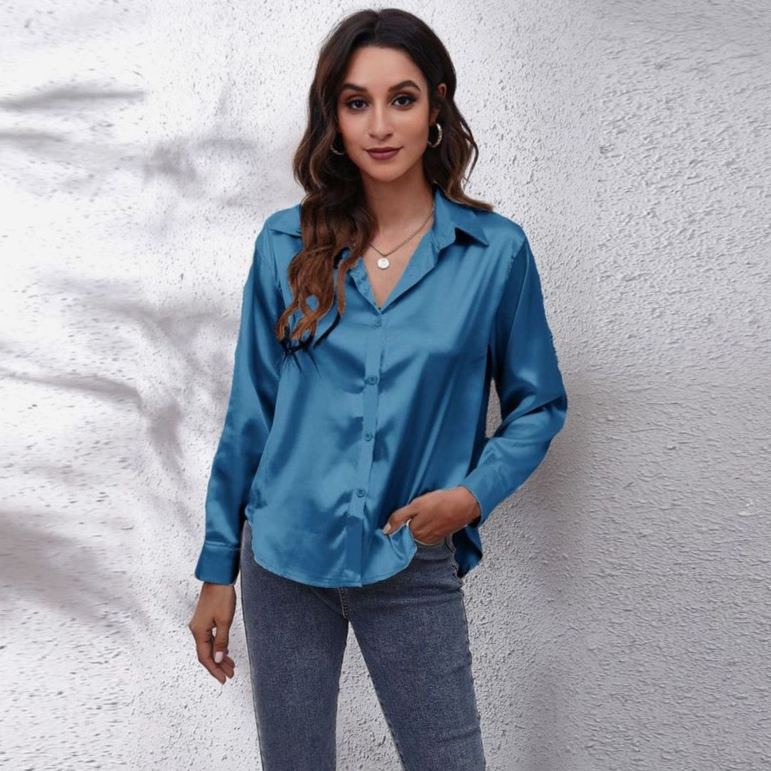 Women's Loose-Fit Long-Sleeve Button-Down Satin Blouses - Blue