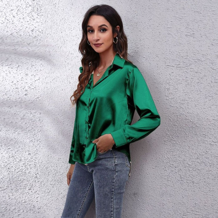 Women's Loose-Fit Long-Sleeve Button-Down Satin Blouses
