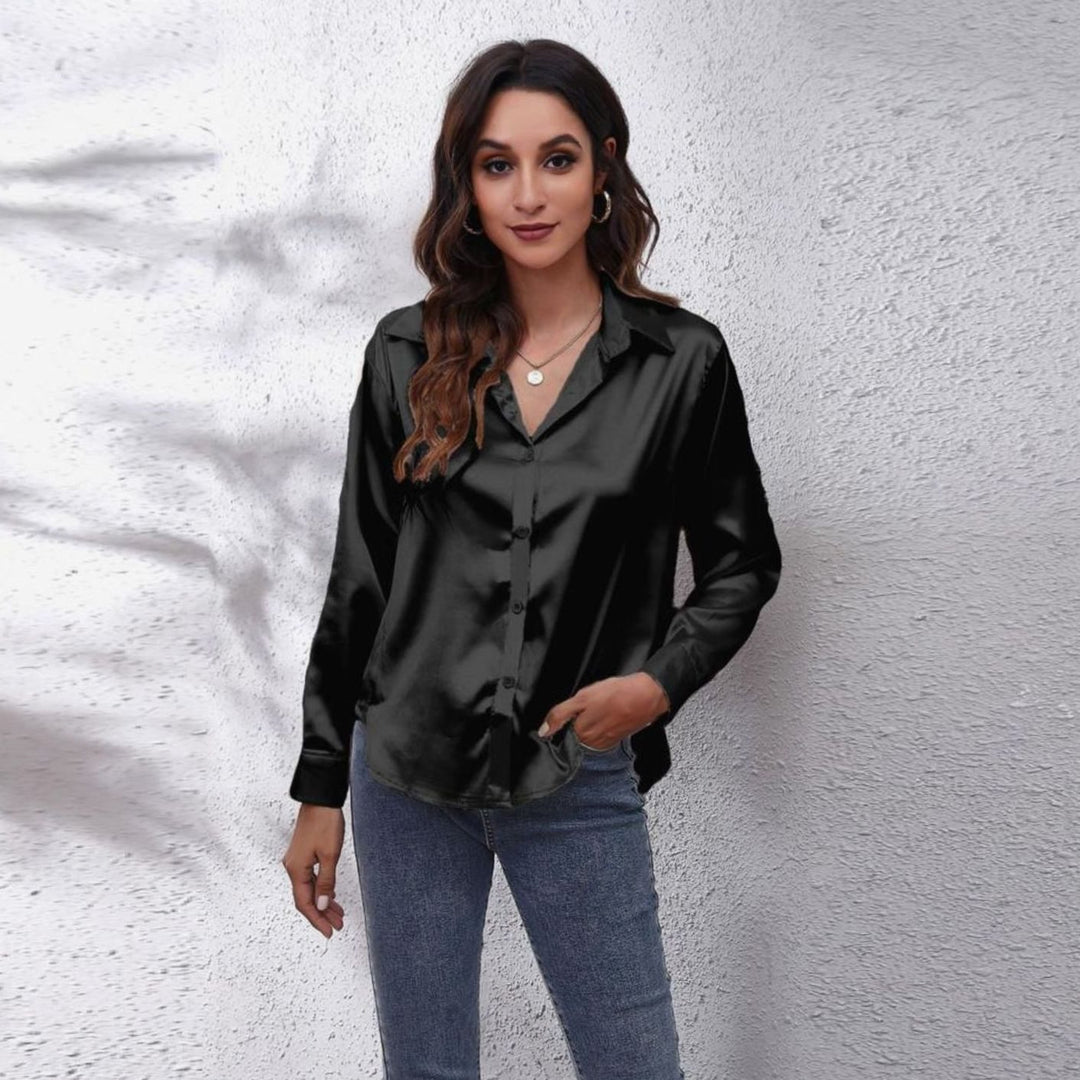 Women's Loose-Fit Long-Sleeve Button-Down Satin Blouses - Black
