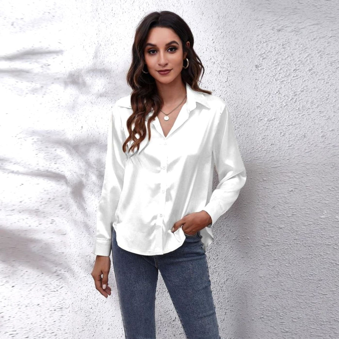 Women's Loose-Fit Long-Sleeve Button-Down Satin Blouses - White
