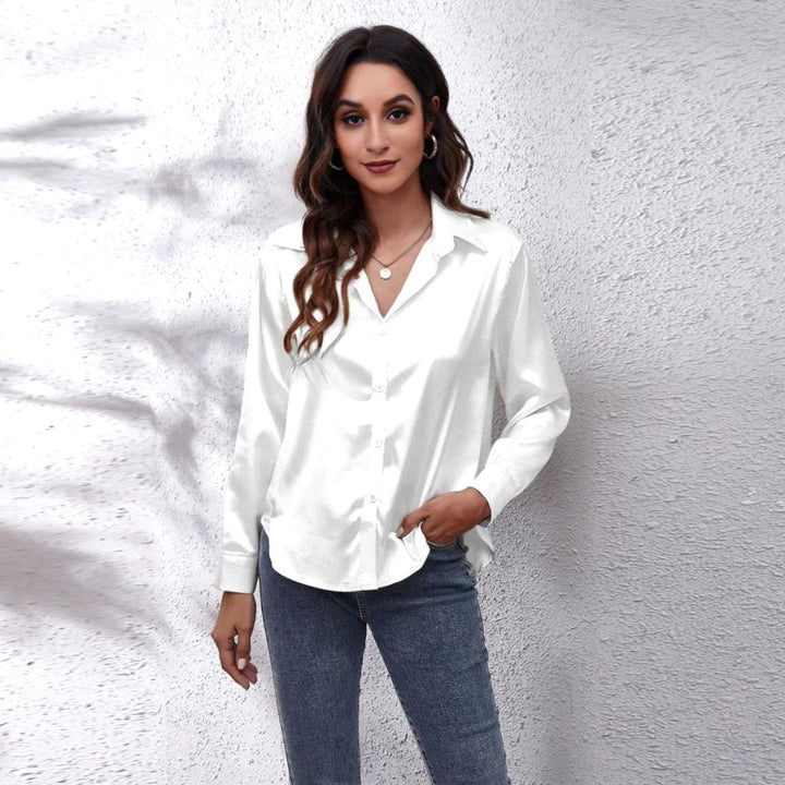Women's Loose-Fit Long-Sleeve Button-Down Satin Blouses - White