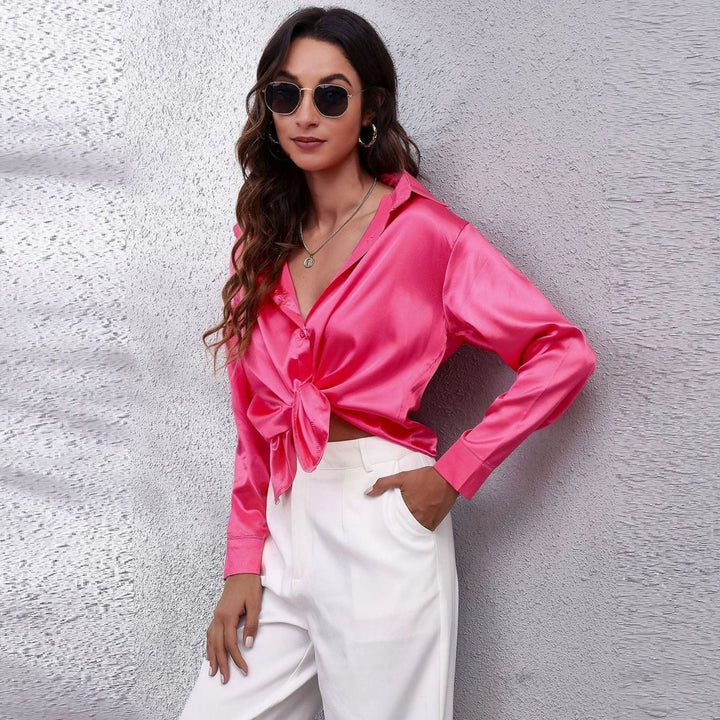 Women's Loose-Fit Long-Sleeve Button-Down Satin Blouses - Pink
