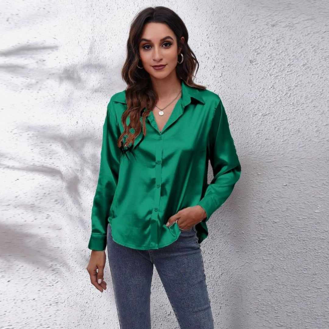 Women's Loose-Fit Long-Sleeve Button-Down Satin Blouses - Green