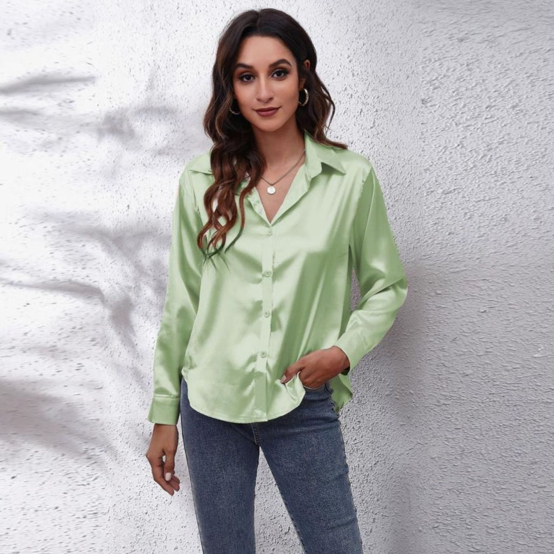 Women's Loose-Fit Long-Sleeve Button-Down Satin Blouses - Light Green