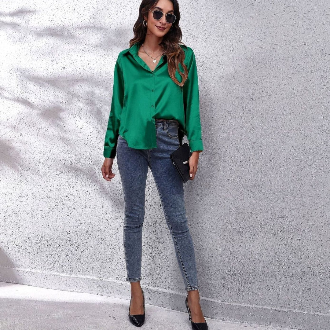 Women's Loose-Fit Long-Sleeve Button-Down Satin Blouses
