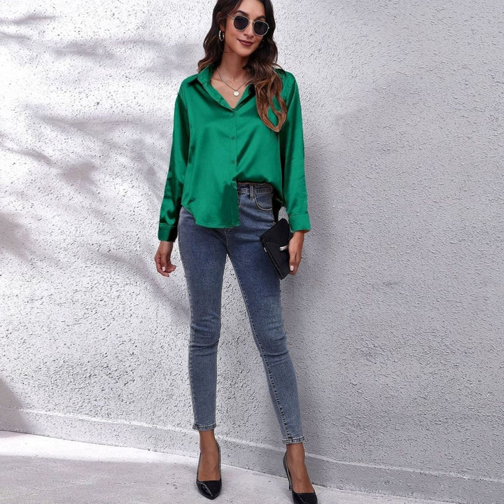 Women's Loose-Fit Long-Sleeve Button-Down Satin Blouses