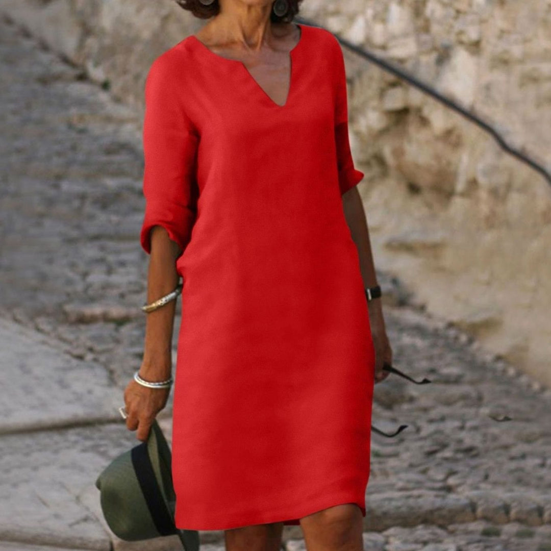 Women's Loose-Fit V-Neck 3/4 Sleeve Casual Midi Dress - Red