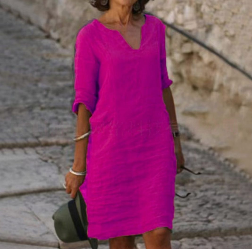 Women's Loose-Fit V-Neck 3/4 Sleeve Casual Midi Dress - Lilac