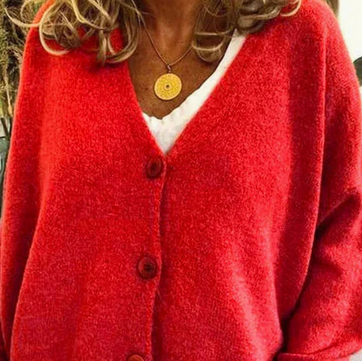 Women's Loose-Fit V-Neck Button-Front Knit Cardigan - Red