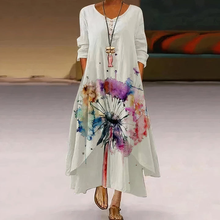 Women's Loose Floral Hem Long Sleeve Round Neck Boho Maxi Dress - White 2