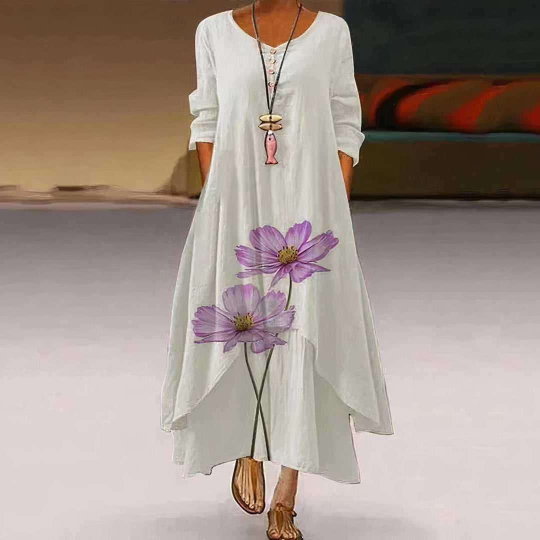 Women's Loose Floral Hem Long Sleeve Round Neck Boho Maxi Dress - White 3