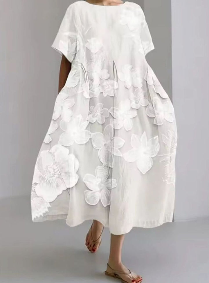Women's Loose Short-Sleeve Floral Applique Round-Neck Maxi Dress - White Floral