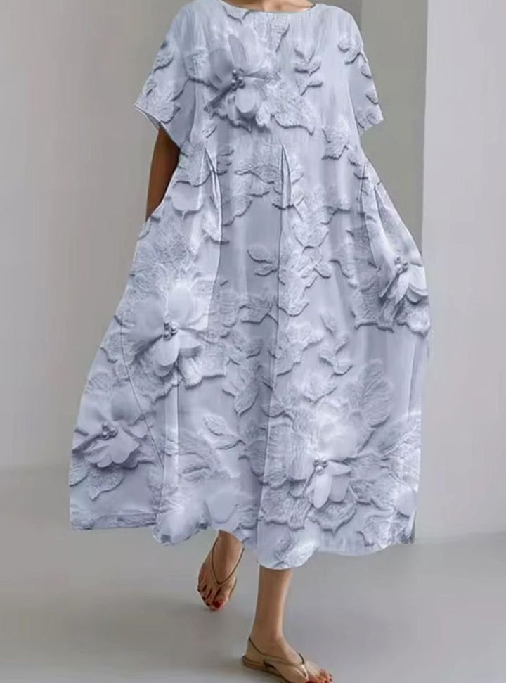 Women's Loose Short-Sleeve Floral Applique Round-Neck Maxi Dress - Light Blue