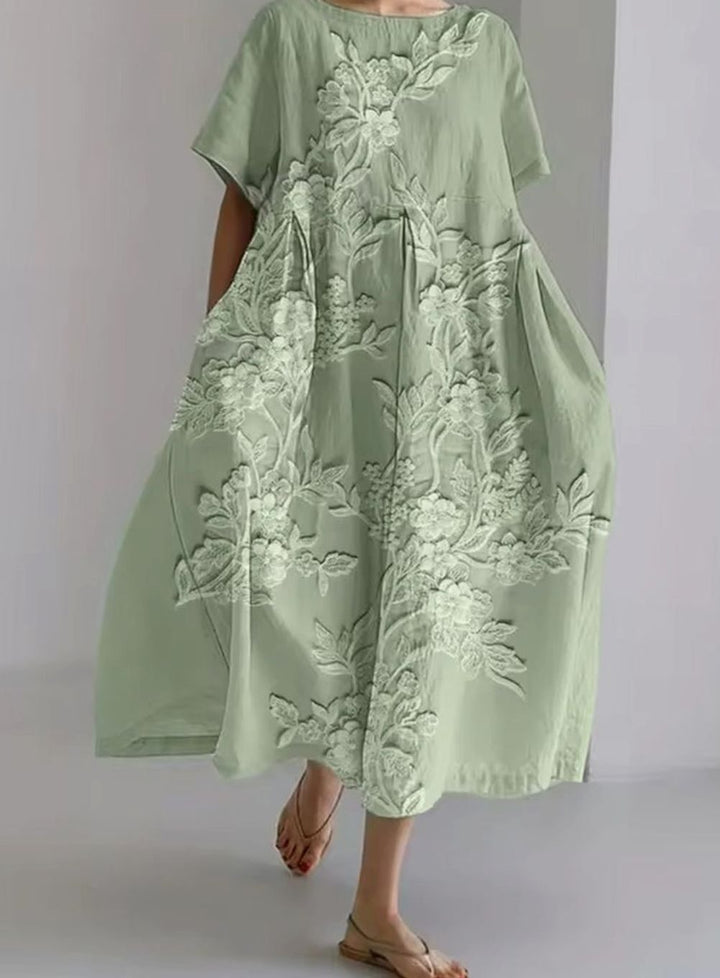 Women's Loose Short-Sleeve Floral Applique Round-Neck Maxi Dress - Floral Green