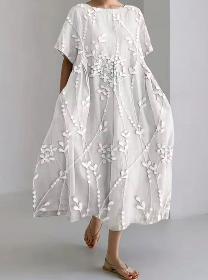 Women's Loose Short-Sleeve Floral Applique Round-Neck Maxi Dress - Floral Gray