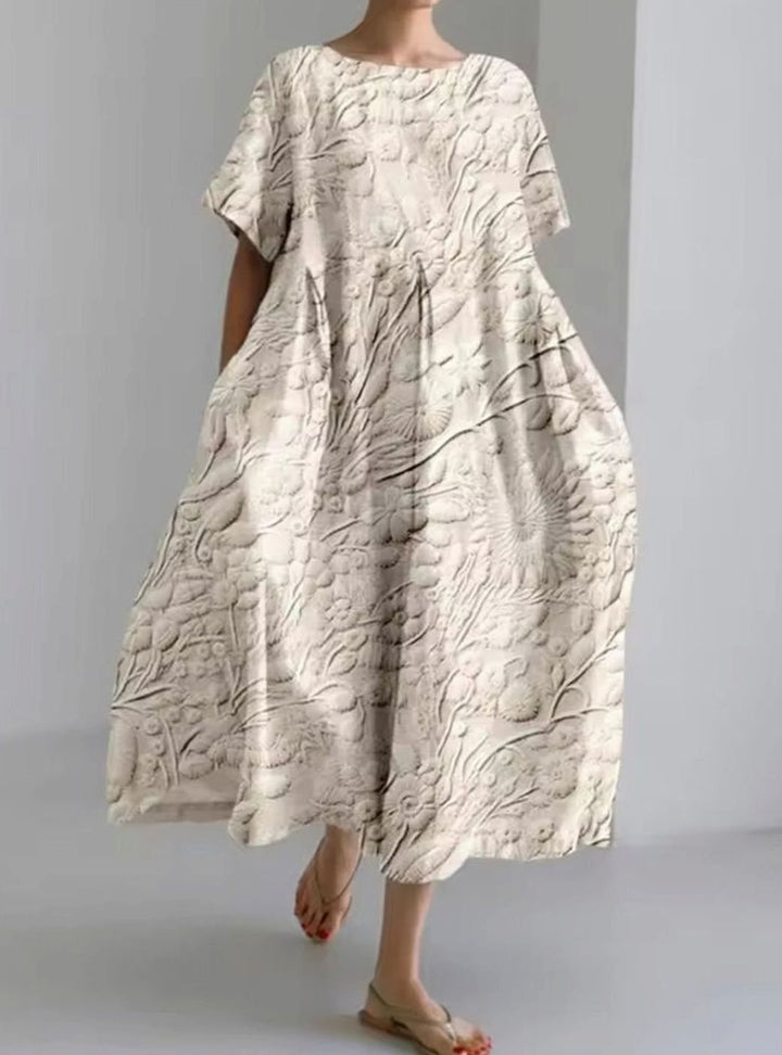 Women's Loose Short-Sleeve Floral Applique Round-Neck Maxi Dress - Floral Beige