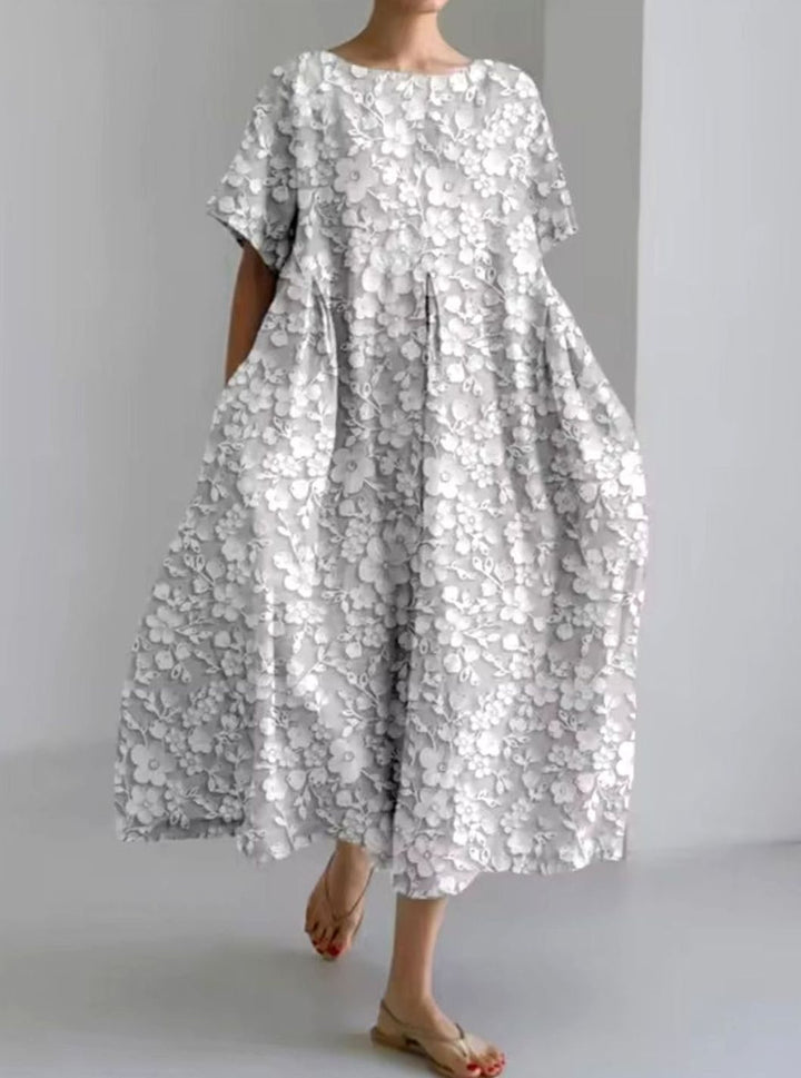 Women's Loose Short-Sleeve Floral Applique Round-Neck Maxi Dress - Floral Dark Gray