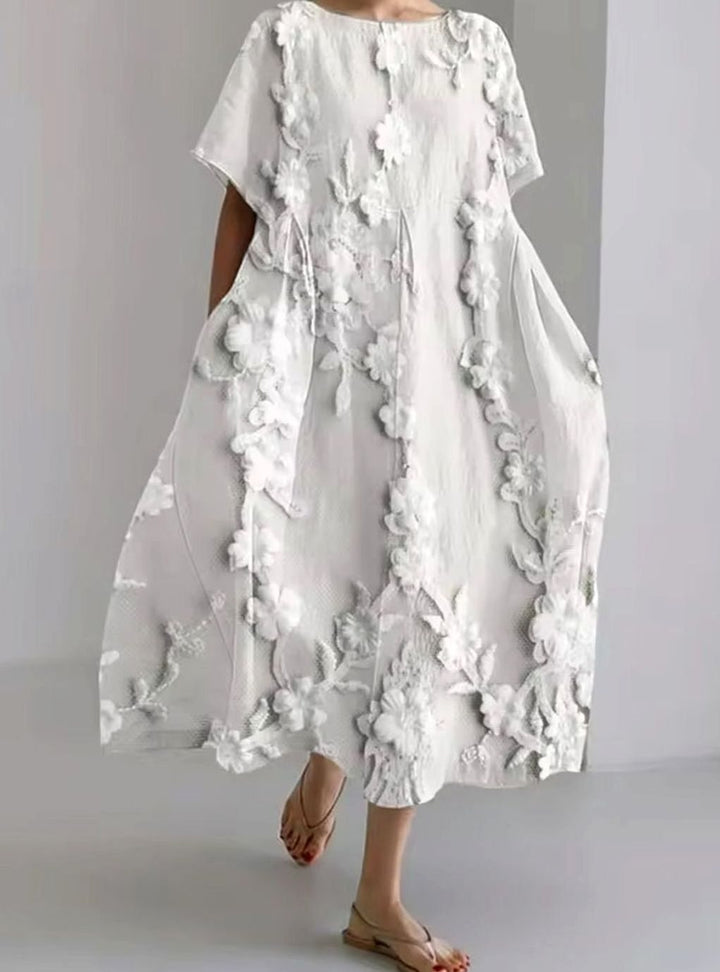 Women's Loose Short-Sleeve Floral Applique Round-Neck Maxi Dress - Big Floral White