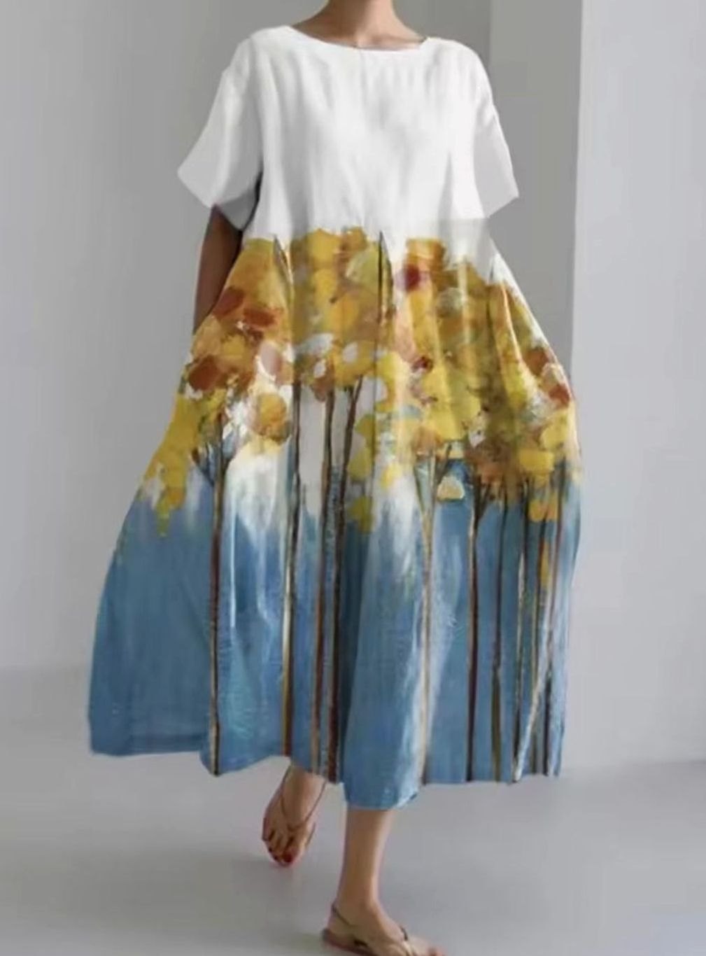 Women's Loose Short-Sleeve Floral Applique Round-Neck Maxi Dress - Multicolor 1