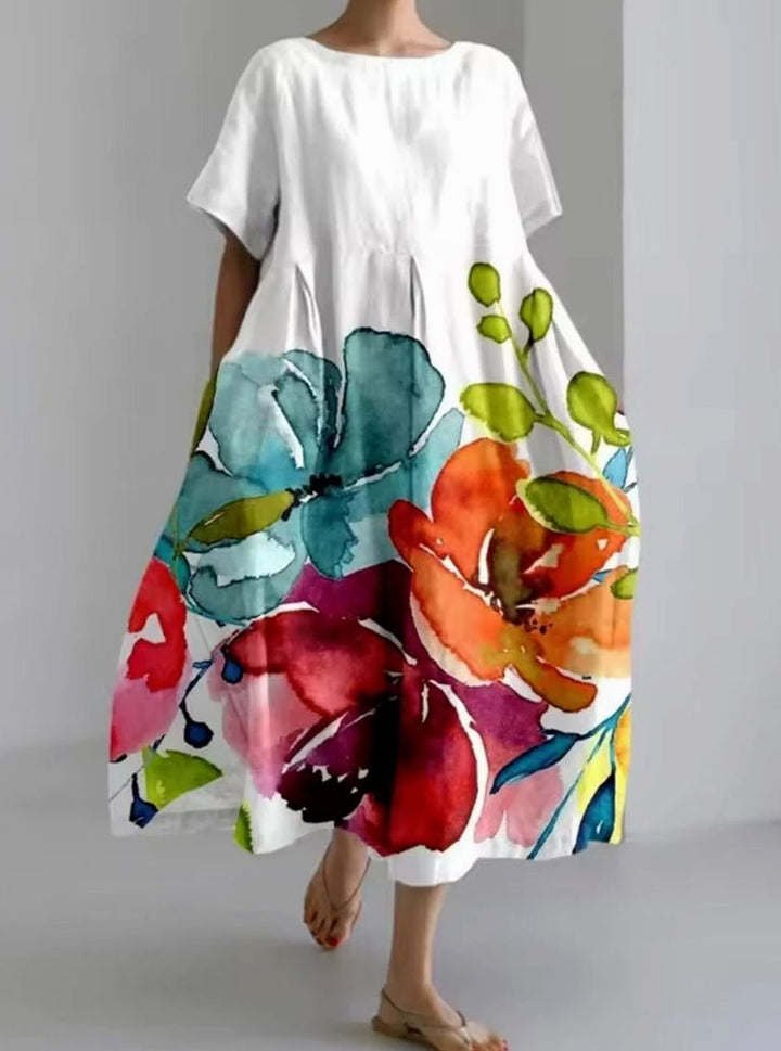 Women's Loose Short-Sleeve Floral Applique Round-Neck Maxi Dress - Multicolor 2